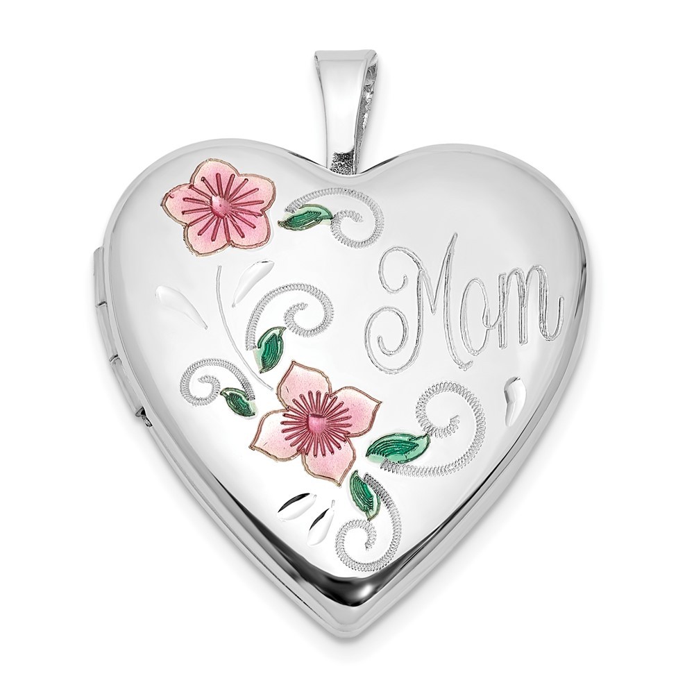 Sterling Silver Rhodium Plated 20mm Floral Heart Locket Pendant for Mom