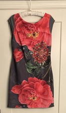 Desigual Sz L Olive Green/Red Floral Print Sheath Dress Cap Sleeve