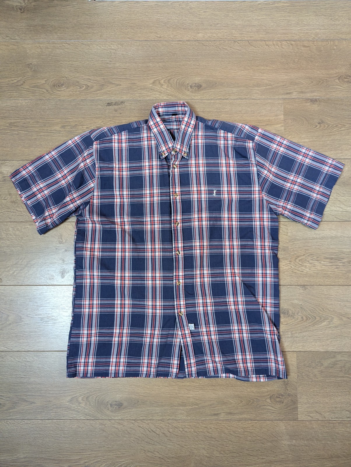 Camicia vintage anni 80 Yves Saint Laurent con bottoni taglia L blu quadri manica corta