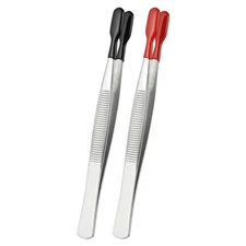Craft Tweezers with Rubber Tips, 2 Pcs PVC Coated Tweezers Set, Black/Red 4.3"