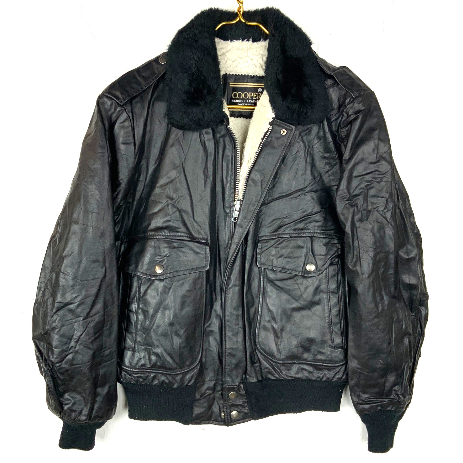 Vintage Cooper 1980s Leather Flight Jacket Size 40 Full Zip Sherpa Lined Bomber