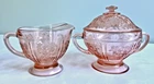 VTG Pink Sharon Cabbage Rose Creamer & Covered Sugar with Lid Federal Glass