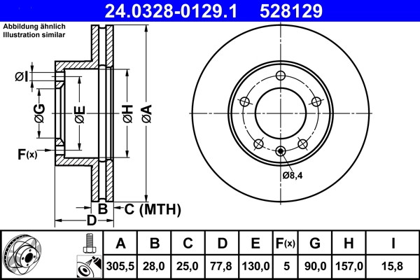 Disque de frein ATE 24.0328-0129.1 pour remplacement de pièce usée 44 03 038