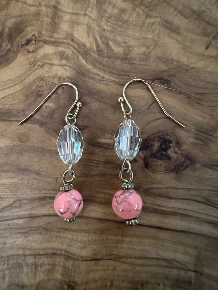 Pink Howlite & Crystal Beaded Gold Tone Hook Dangle Earrings - Image 3 of 3