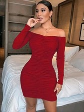 Women's Red Long Sleeves Off Shoulder Ruched Bodicon Mini Dress Size S