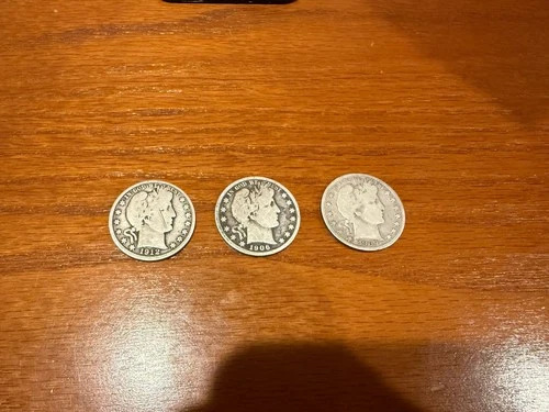 Lot of 3 barber half dollars 1912 P, 1906 P, 1909 P . Vg- G condition