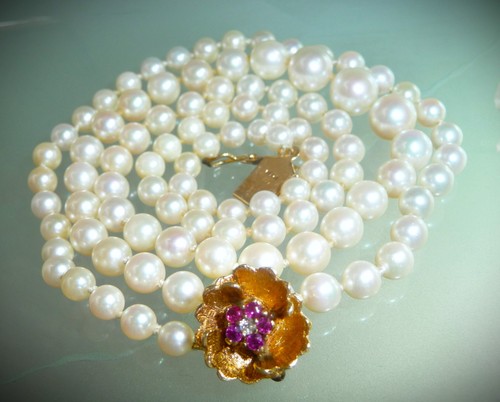 GORGEOUS VINTAGE 14K RUBY DIAMOND FLOWER GRADUATED 24'' AKOYA PEARL NECKLACE!