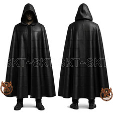 Handmade Black Leather Hooded Cloak Gothic Medieval Cape LARP Cosplay Ren Faire