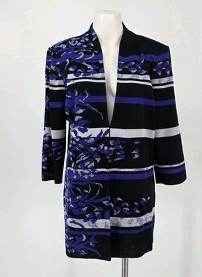 Ming Wang Large Jacket Cardigan Black Purple Striped Floral Acrylic Blend Knit