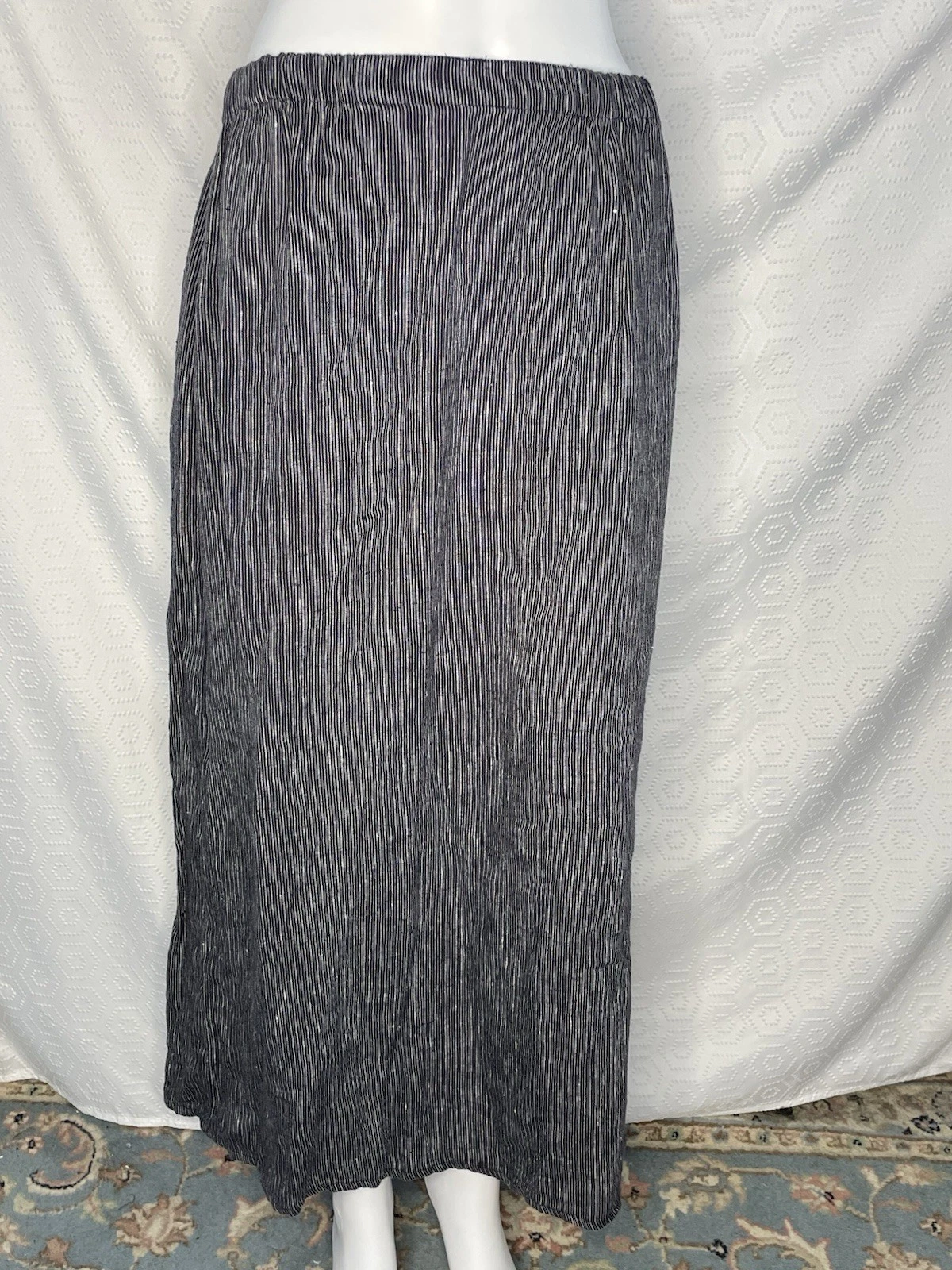 FLAX Linen Maxi Skirt M Black Stripe Lagenlook Boho Minimalist Back Slit Pocket