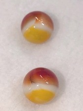 Pair Vintage Akro Agate Ketchup Mustard Patch Marbles 5/8" UV Cadmium Glow