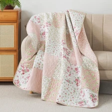 Blush Bloom Quilted Throw Blanket - 50" x 60": 100% Cotton Floral Quilt in Bl...