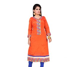 gia Jaipuri Chanderi fabric Multi colour embroidery kurti, bright orange Size M