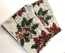 2 Christmas Table Runners Tapestry Fabric Poinsettias  Holly 12" x 70" each