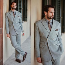 Men's Gray Herringbone Suits Slim Fit 2 Piece Double Breasted Jacket Formal Wear