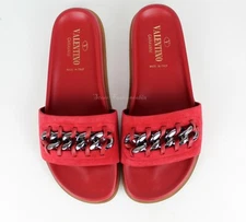 NEW VALENTINO GARAVANI Chain Streetwear Flat Slide Sandal, Red Suede, EUR 38