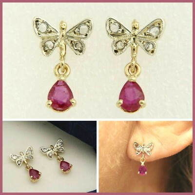 14kt Yellow GOLD Butterfly Ruby DIAMOND Earrings Women 