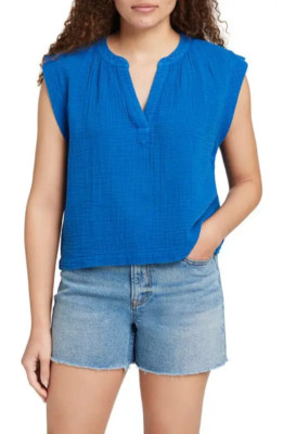 FAHERTY Women s Dream Cotton Gauze Dylan Top Size M NWT In Strong Blue Organic