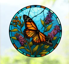 Monarch Butterfly Faux Stained-Glass WINDOW CLING Size 8" Round Vinyl