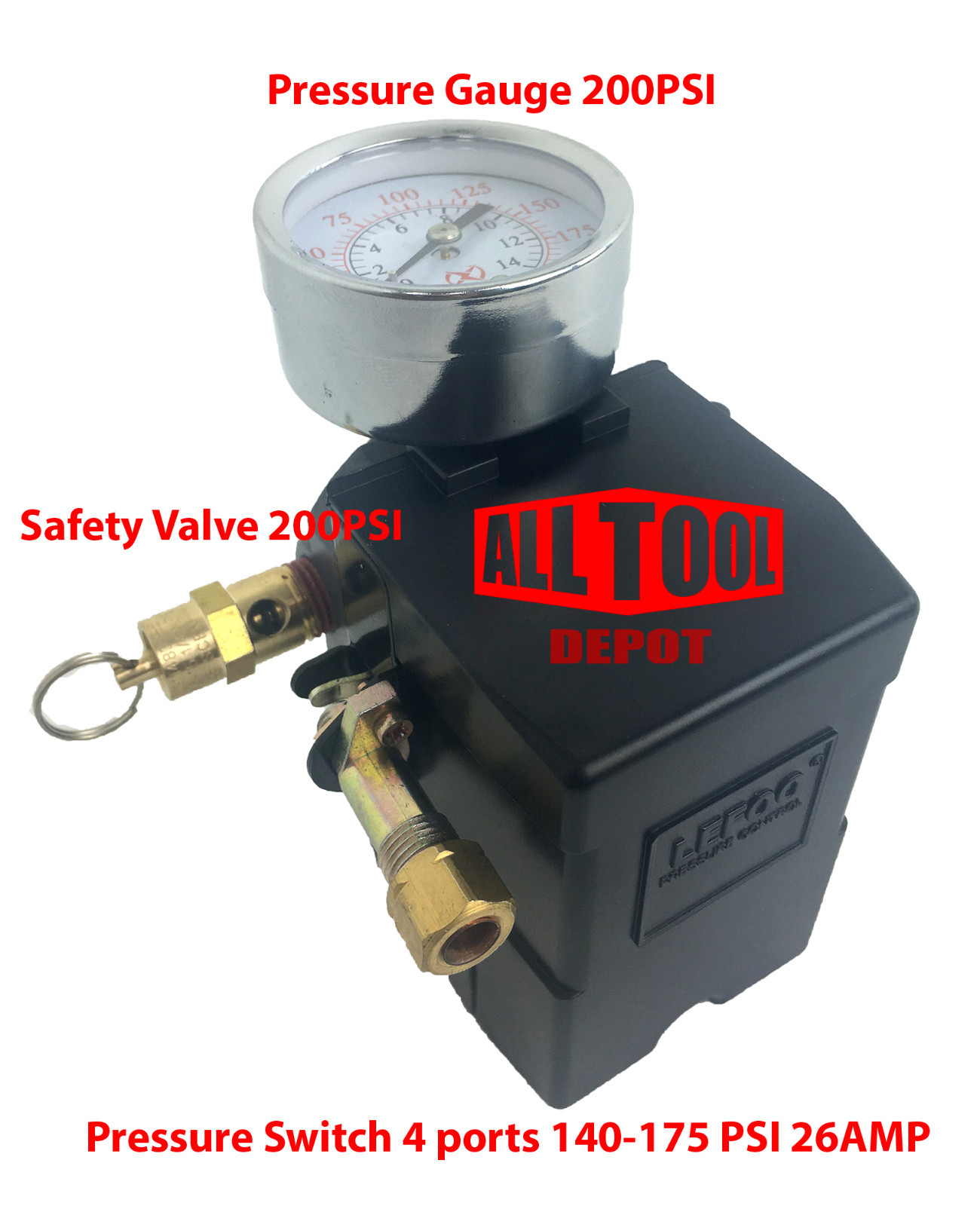 26 Amp Pressure Switch set 4 Port 140-175 PSI w/ Gauge w/ Safety valve