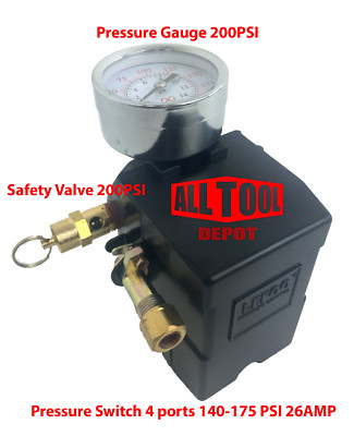 26 Amp Pressure Switch set 4 Port 140-175 PSI w/ Gauge w/ Safety valve