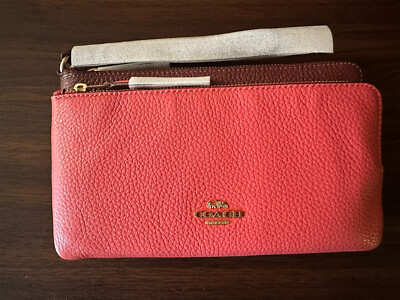 Coach C7368 New Watermelon & Wine Double Zip Wallet Wristlet Leather NWT $198