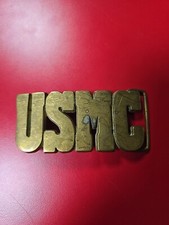 Vtg USMC Solid Brass Belt Buckle Block Lettering United States Marine Corps
