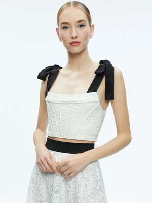 $350 ALICE AND OLIVIA CLARA BOW STRAP BUSTIER LACE CROP TOP WITH BLACK BOWS