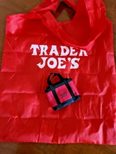 Trader Joe's Red Black Mini Micro Tote Grocery Tote Foldable into Pouch NWT