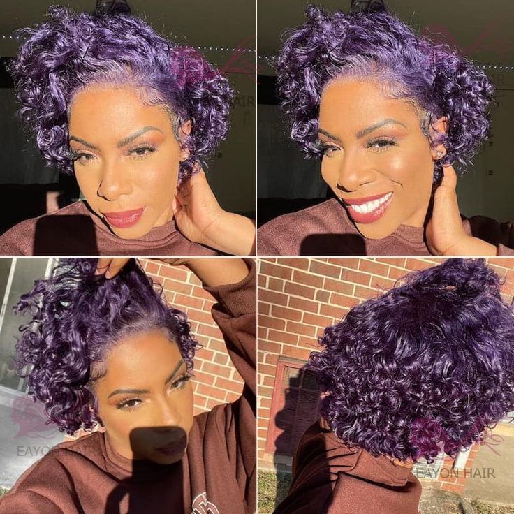 Short Pixie Cut Curly 150% Human Hair Wigs Sexy Purple Lace  display picture 3