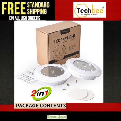 Techbee LED Tap Lights wall Stick On Push Battery Cordless Powered Puck 2 Pack