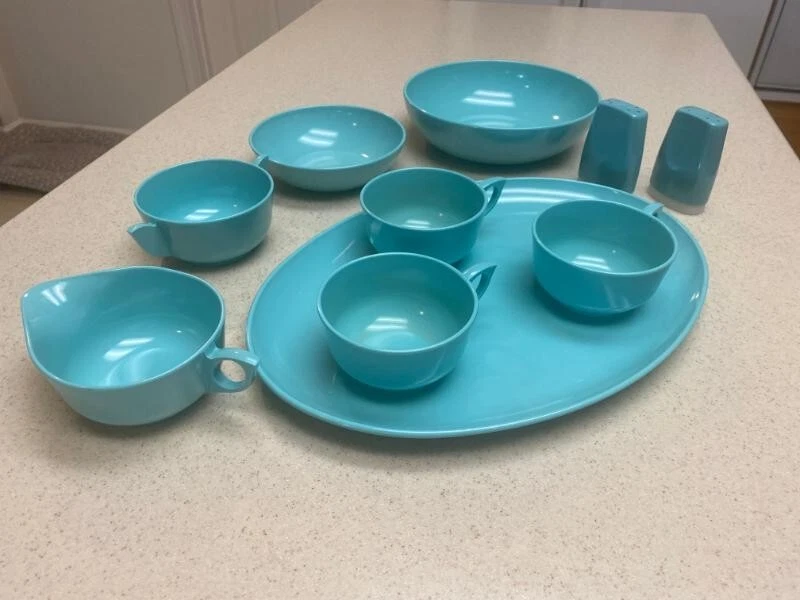 Vintage Miramar Melmac 10 Piece Dinnerware Platter Bowls Cups Light Turqoise