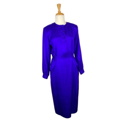 MBR International 6 S Cobalt Blue Silk Dress 1980s Does 1940s Volup VTG  Midi