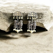 Romantic Umbrella Couple Dangle Earrings - Silver-Tone with Pearl Accents