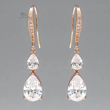 Elegant Cubic Zirconia Teardrop Dangle Earrings Rose Gold Plated Bridal Jewelry