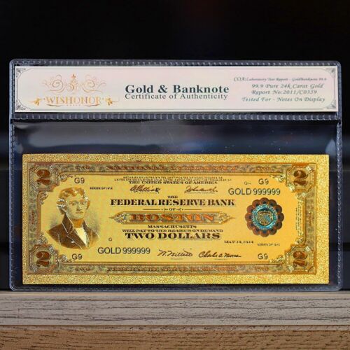 Billete de 100 mg oro 24K 1918 $2 dólar billete de la Reserva Federal billete grande blanco certificado de autenticidad - Imagen 1 de 2