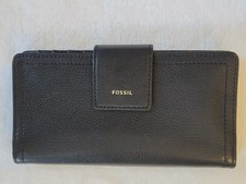Fossil Logan Leather RFID Tab Clutch Wallet Black Card Slots EUC