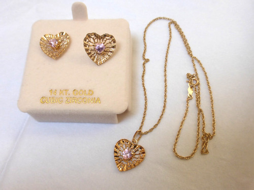 14k gold pink cubic zirconia necklace with pendant and matching earrings