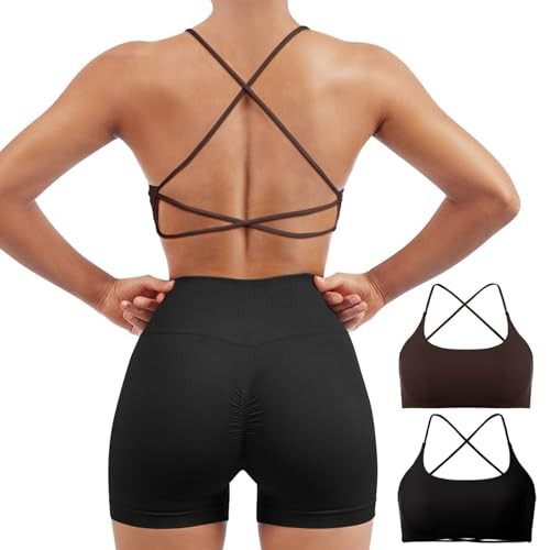 Women 2 Piece Open Back Sports Bra Pack Medium #1 Pack (Dark Brown & Black) - Picture 2 of 6