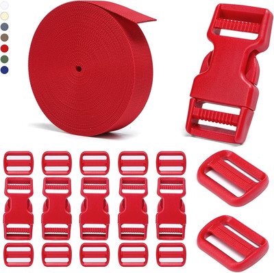 Buckle and Strap Set, 10 Yards Polyester Webbing Strap with 6 Pack Dual Adjustab