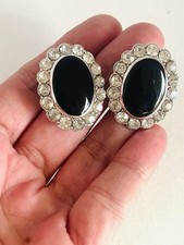 Vintage 1980s Retro BARCS Silver Tone & Black Enamel Rhinestone Clip On Earrings