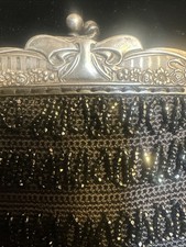 Silver  Black Glass Beaded Layered Fringe Knit Flapper Evening Handbag Purse