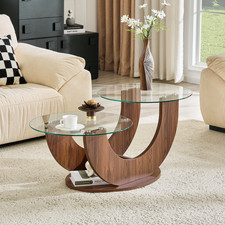 U-Shaped Double-Tier Glass Coffee Table with Walnut MDF Base - 19.6" H
