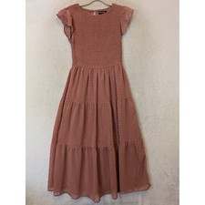 Merokeety Tiered Midi Dress Women's Size S Pink Smocked Flutter Sleeve Swiss Dot