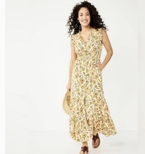 Sonoma Sz 4X Yellow Floral Print ruffle sleeve smocked maxi dress Boho Cottage
