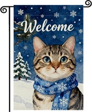 Winter Cat Welcome Garden Flag 12x18 Inch Double Sided Snow Trees Burlap Outdoo