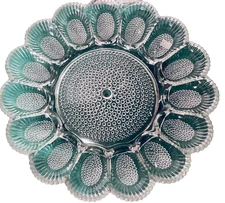 Clear Glass Deviled Egg Plate Tray 12 Eggs Well Sunburst Daisy Pattern