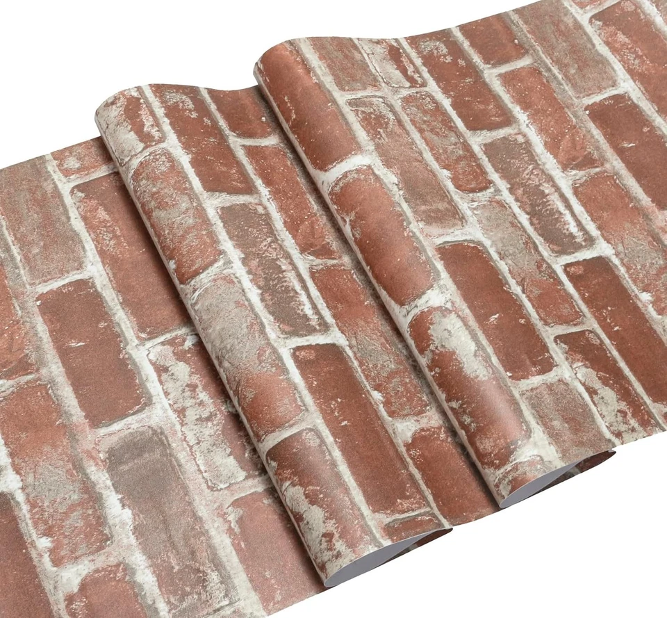 Papel pintado Hopeak rojo pelar y pegar ladrillo 17,5"x118" autoadhesivo Foto 3 de 4