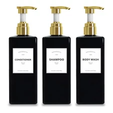 Black Shower Bottles Refillable with Labels 16.9OZ Pack of 3 Empty Dispenser