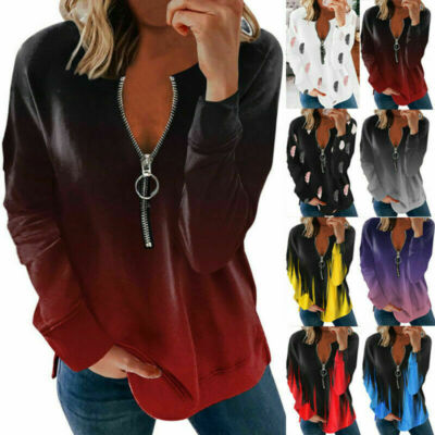 Women Casual Gradient Blouse Zipper V-Neck Long Sleeve T Shirt Loose Comfy Tops